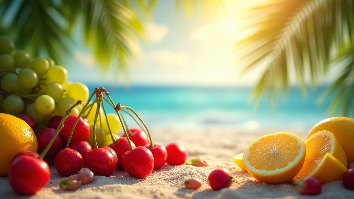 Tropisch strand met vruchten die stralen onder de zon.
