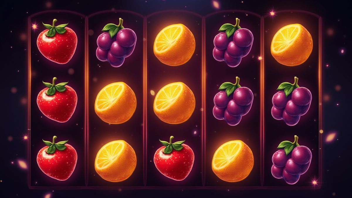 Luminous reel with fruit symbols and highlighted scatter icons.