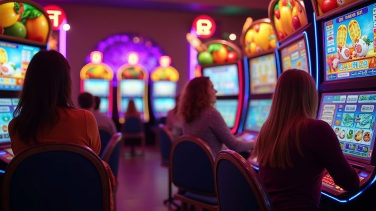Spelers genieten in een casino met fruit-thema decoratie.