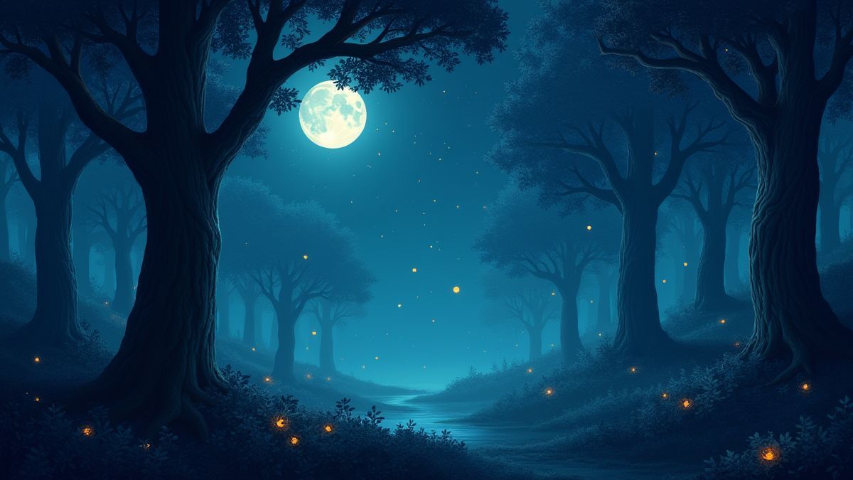 An enchanted forest under the moonlight.
