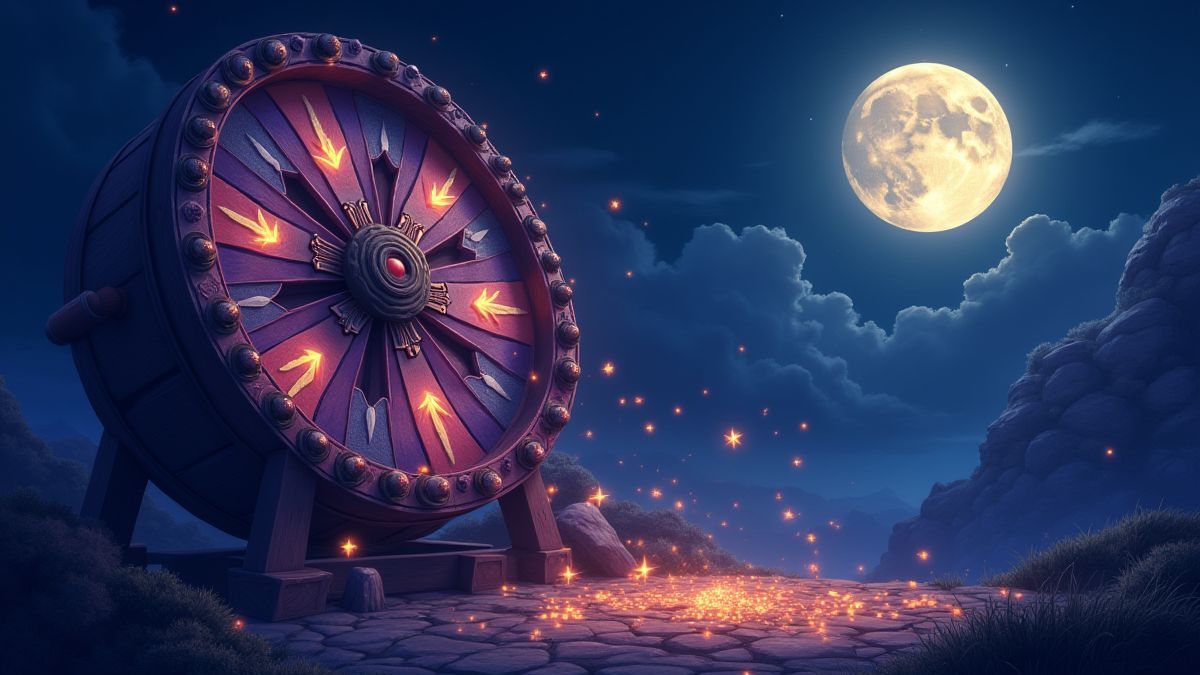 Magical wheel with prizes under the moonlight.