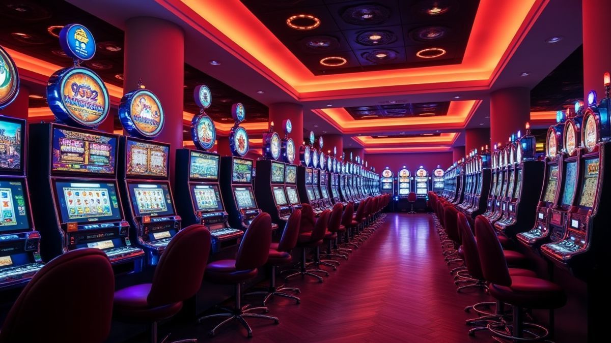Interior of a casino with illuminated slot machines.