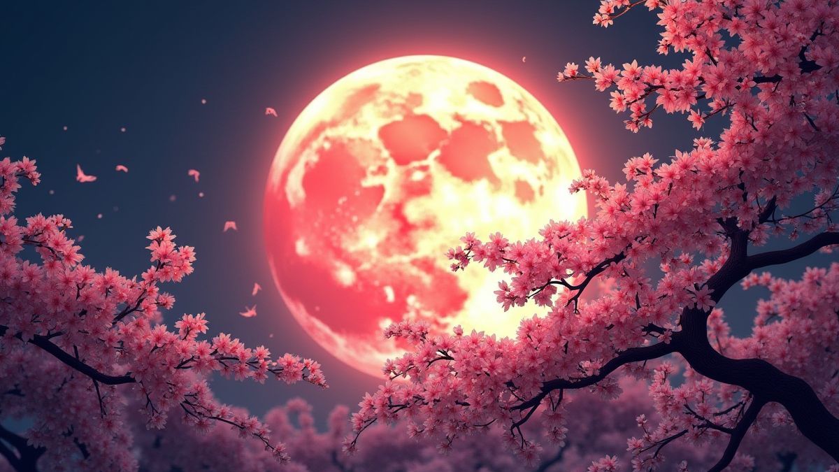 Luna llena rodeada de flores de cerezo en el estilo artístico de Moon of Fortune.