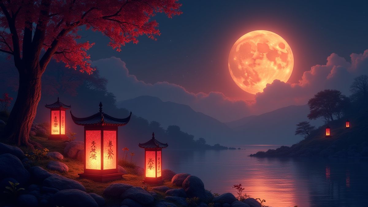 Paisaje sereno con una luna llena brillante y linternas asiáticas tradicionales.