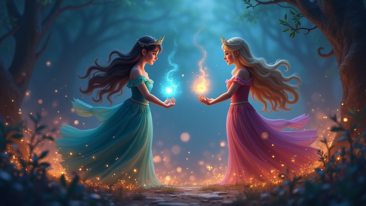 Princesses magiques lançant des sorts avec des symboles brillants.