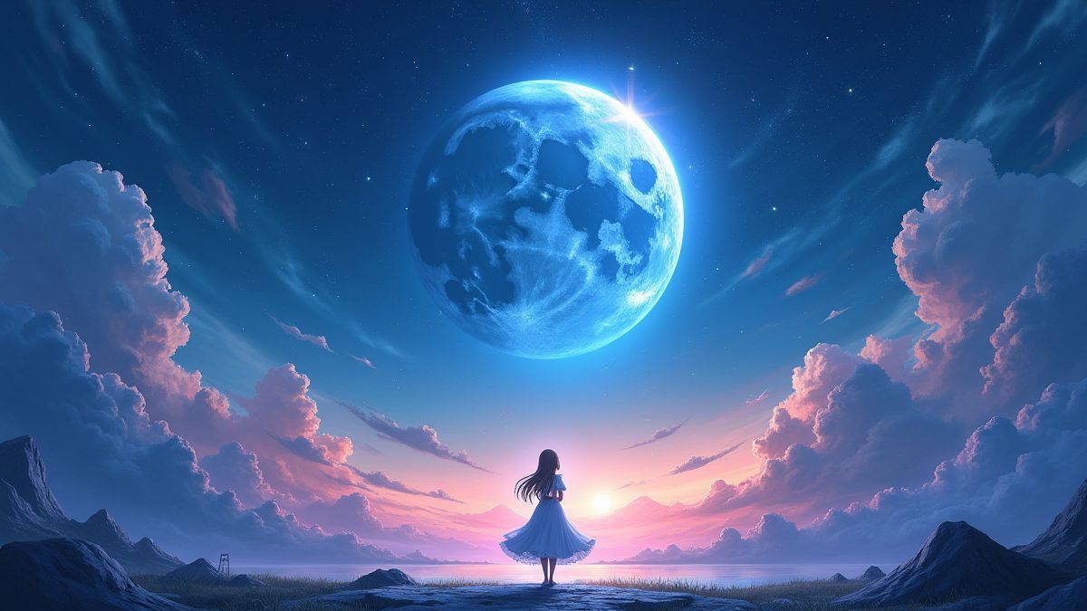 Magical lunar landscape with glowing celestial elements and an anime princess