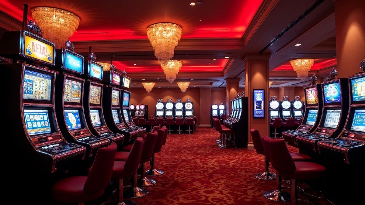 Luxurious casino lounge with glowing slot machines