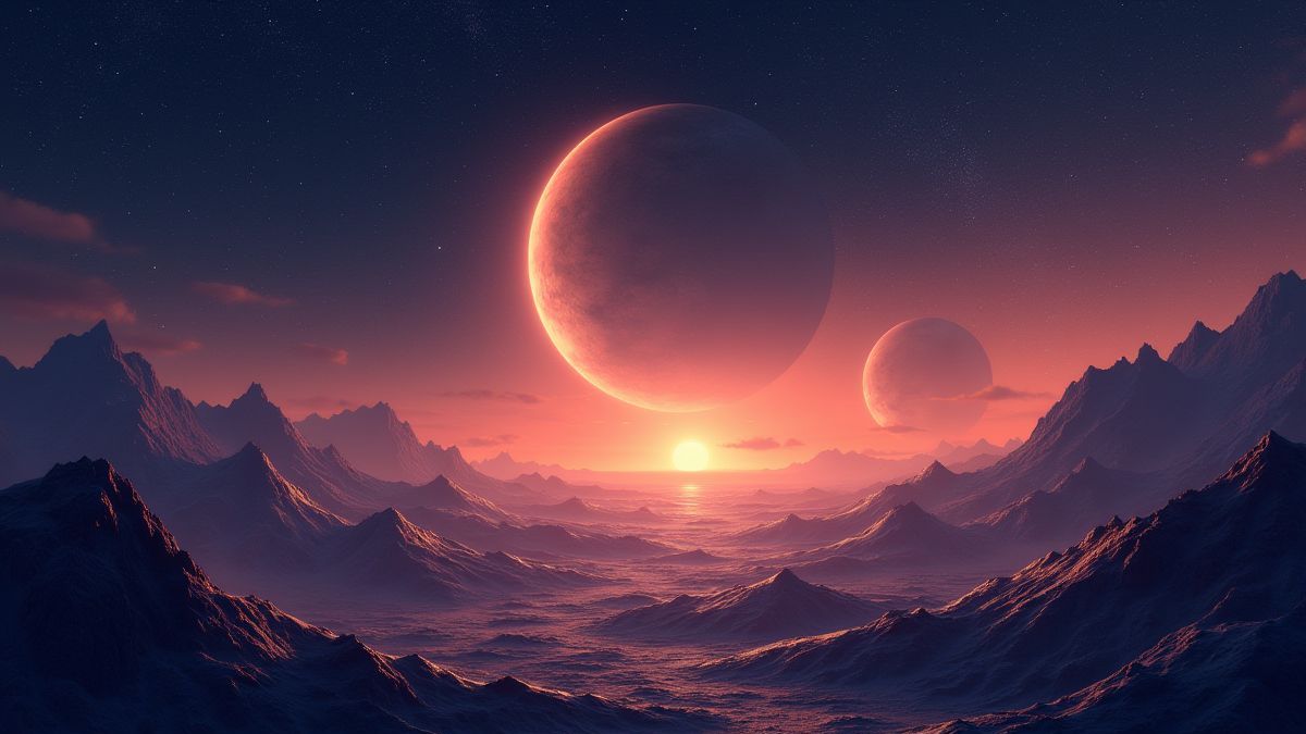 Hemels landschap met schitterende sterren en manen.