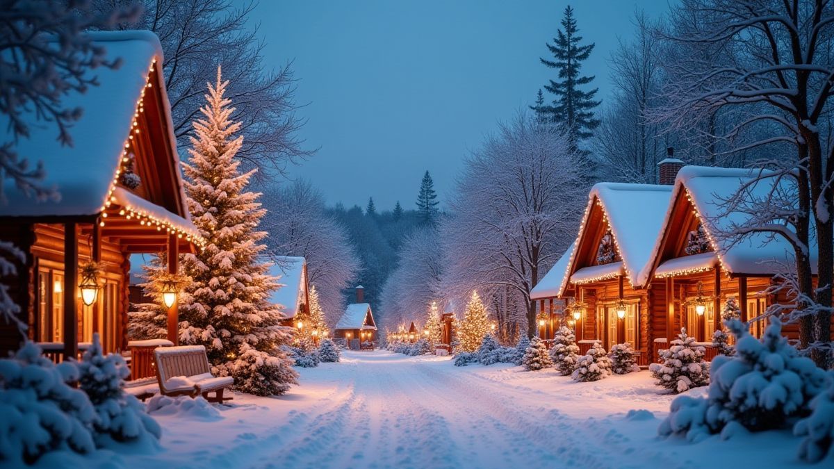 Reino nevado con luces brillantes y decoraciones navideñas.