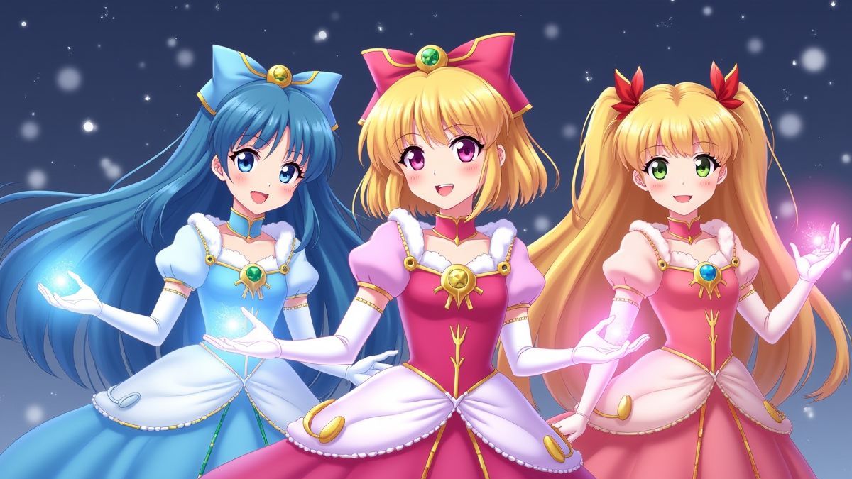 Tres princesas anime usando poderes mágicos en un entorno festivo.