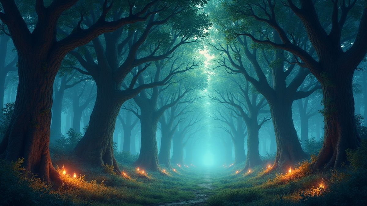 Enchanted forest with glowing trees and magical creatures.