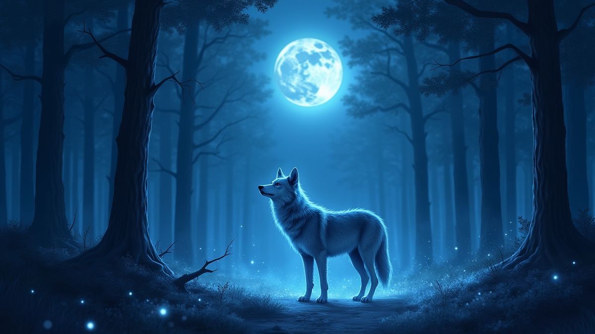 Lobo brillante en un bosque mágico bajo la luz de la luna.