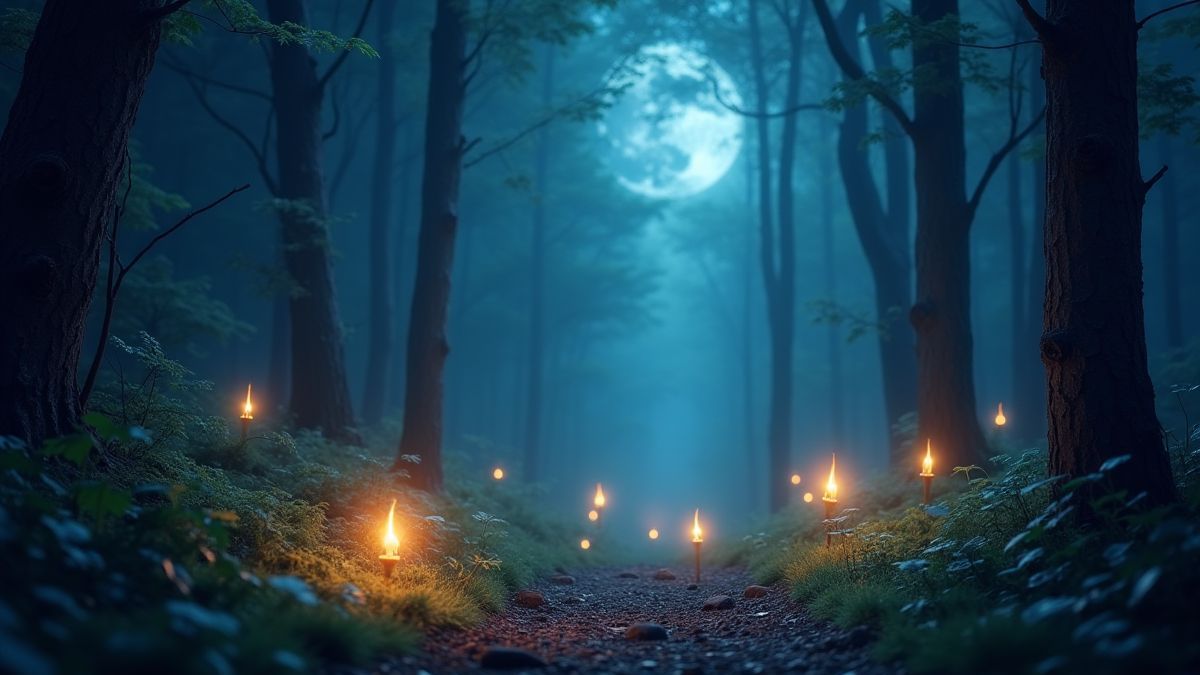 Símbolos Scatter flotando en un bosque mágico iluminado por la luna.