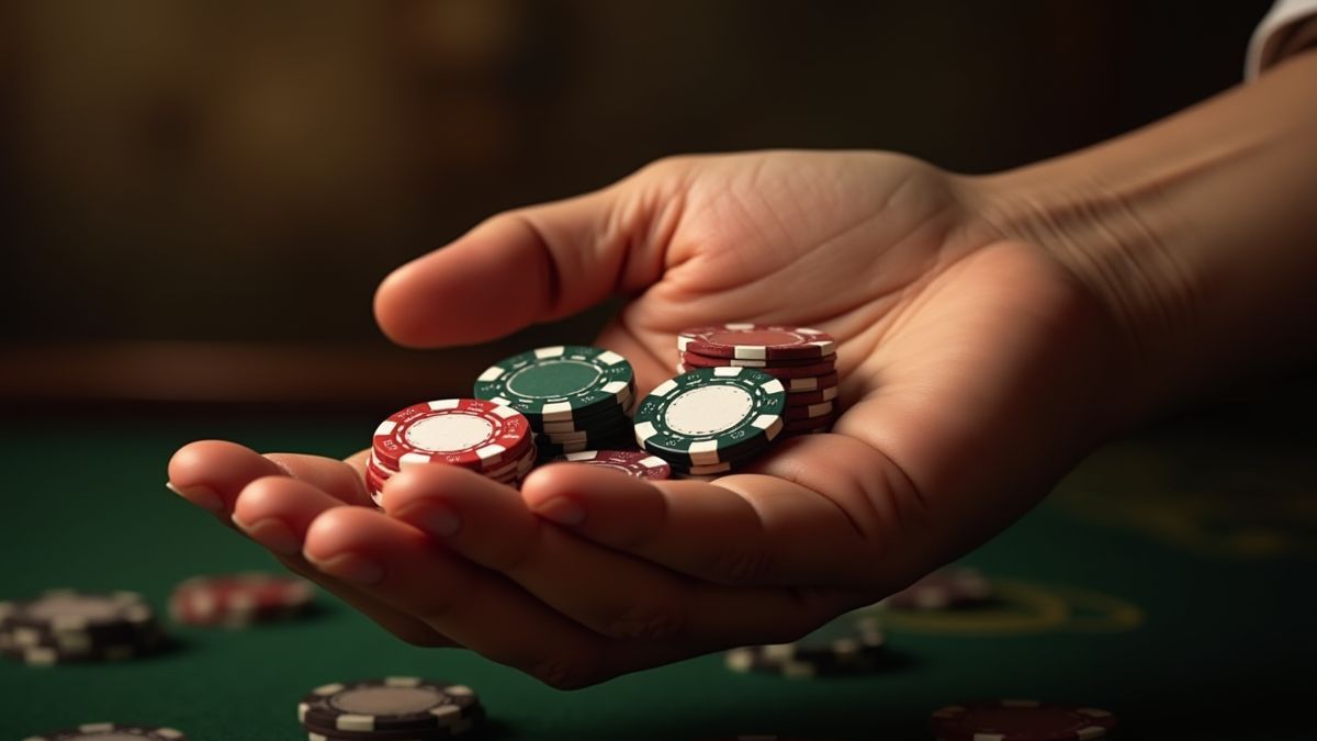 Hand, die Casino-Chips mit viktorianischem Hintergrund hält.
