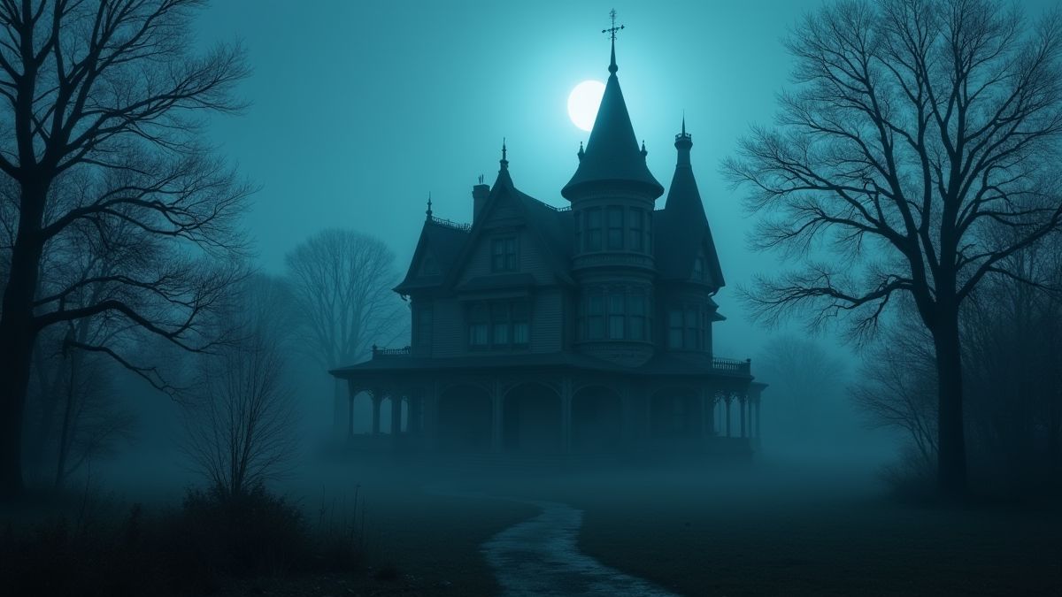 Viktorianisches Herrenhaus, umhüllt von Geheimnis und Mondlicht.