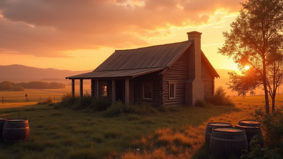 Cabaña rústica rodeada de barriles y campos bajo un cálido atardecer.
