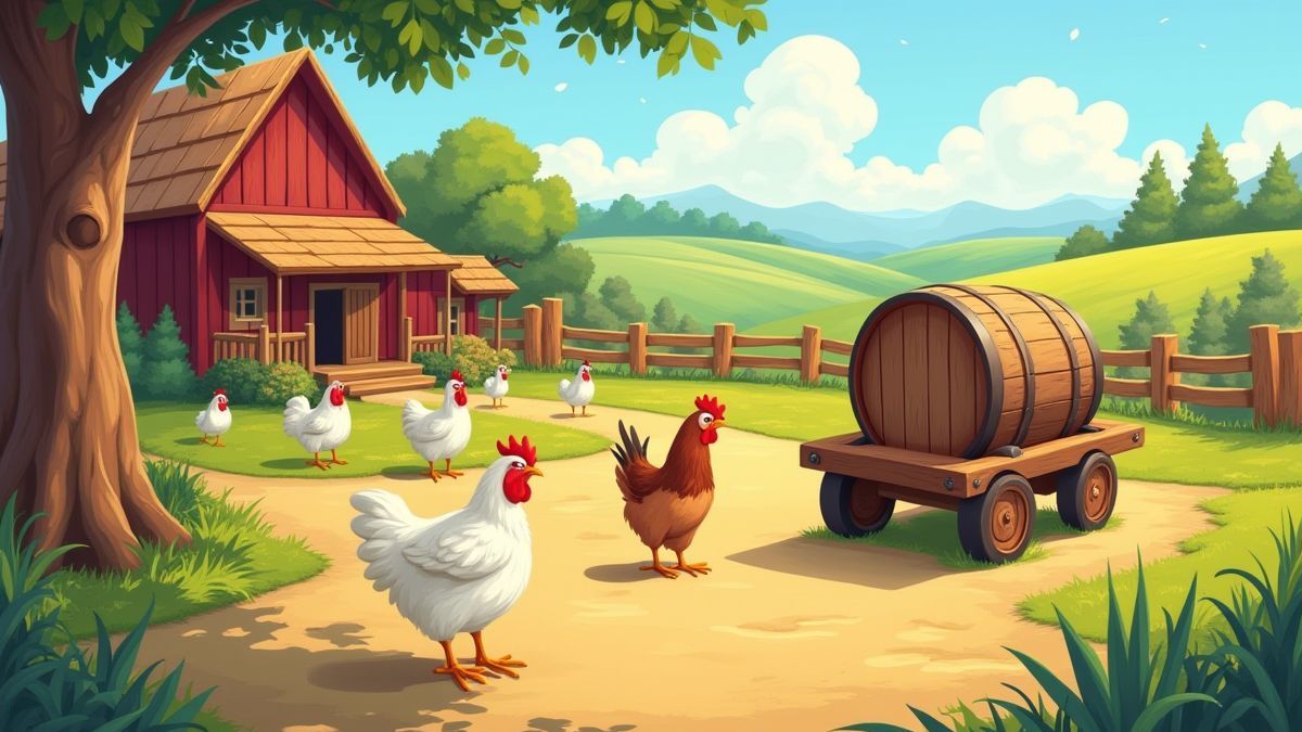Escena de granja alegre con barriles, un carro de madera y gallinas paseando.
