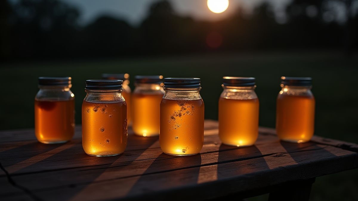 Granja iluminada por la luna con jarras de licor.