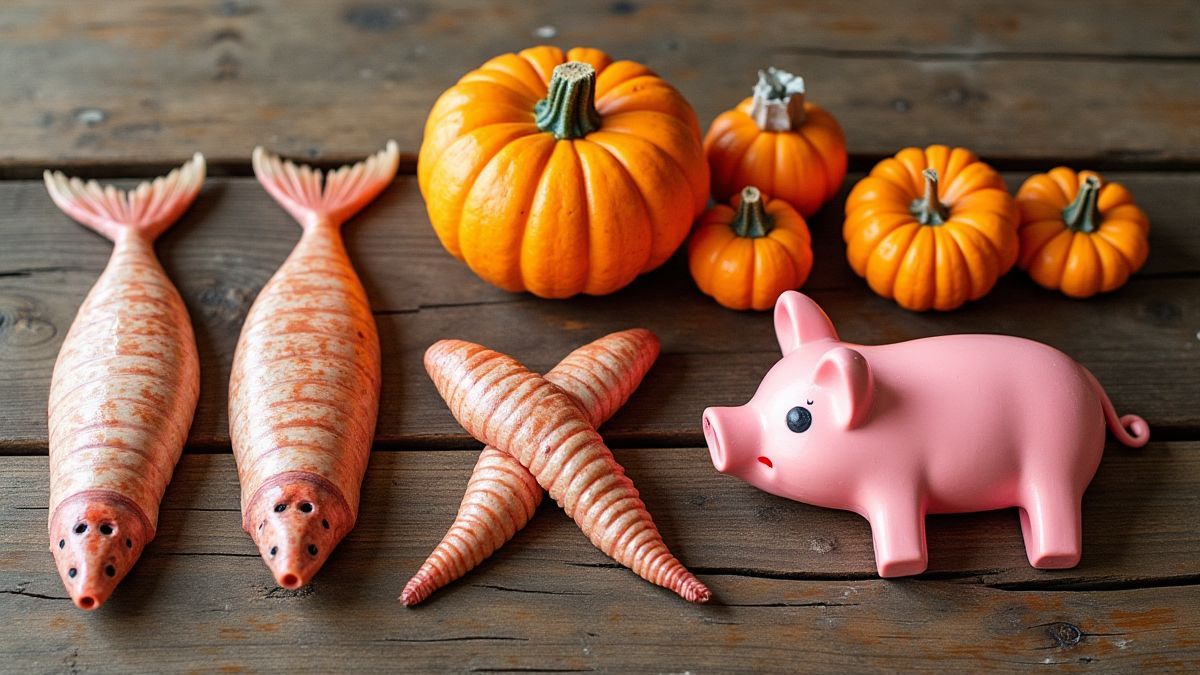 Símbolos vintage como sardinas y calabazas.