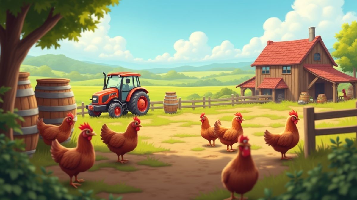 Granja americana con gallinas y barriles de licor