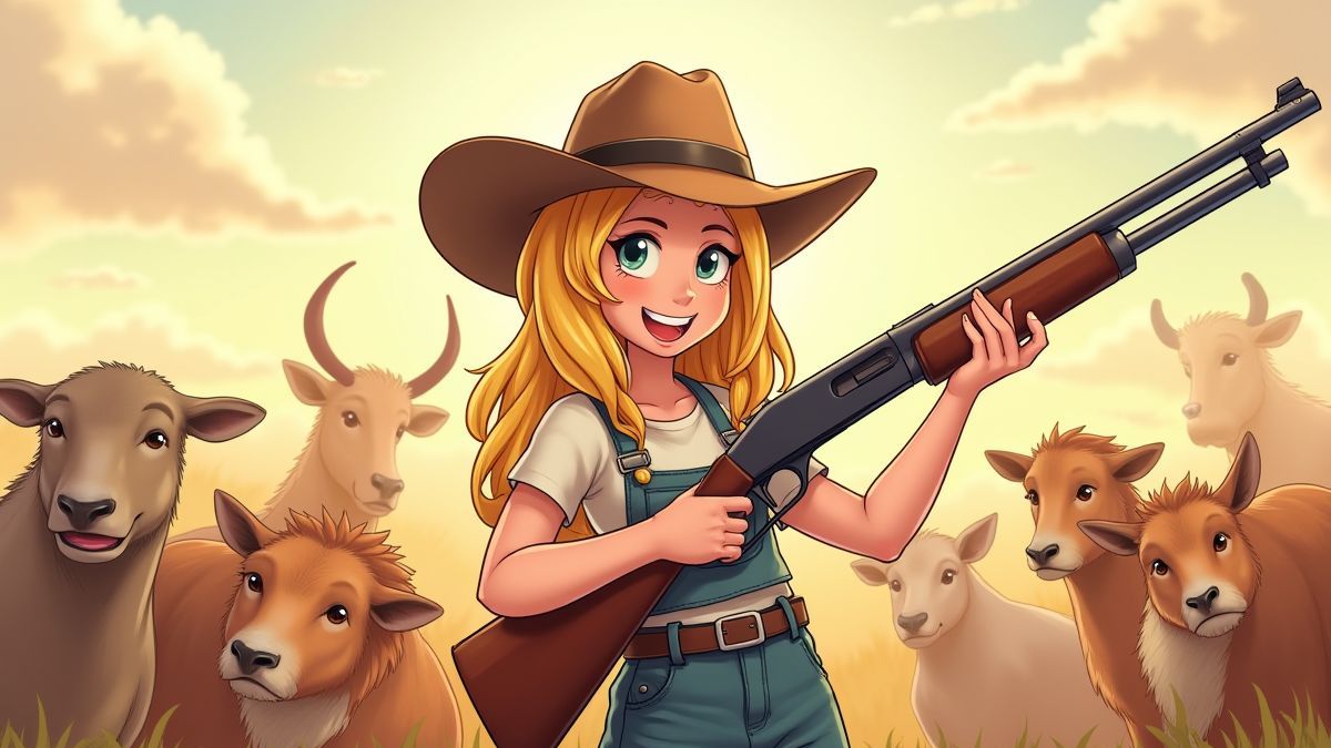 Chica rubia sonriente con animales de granja