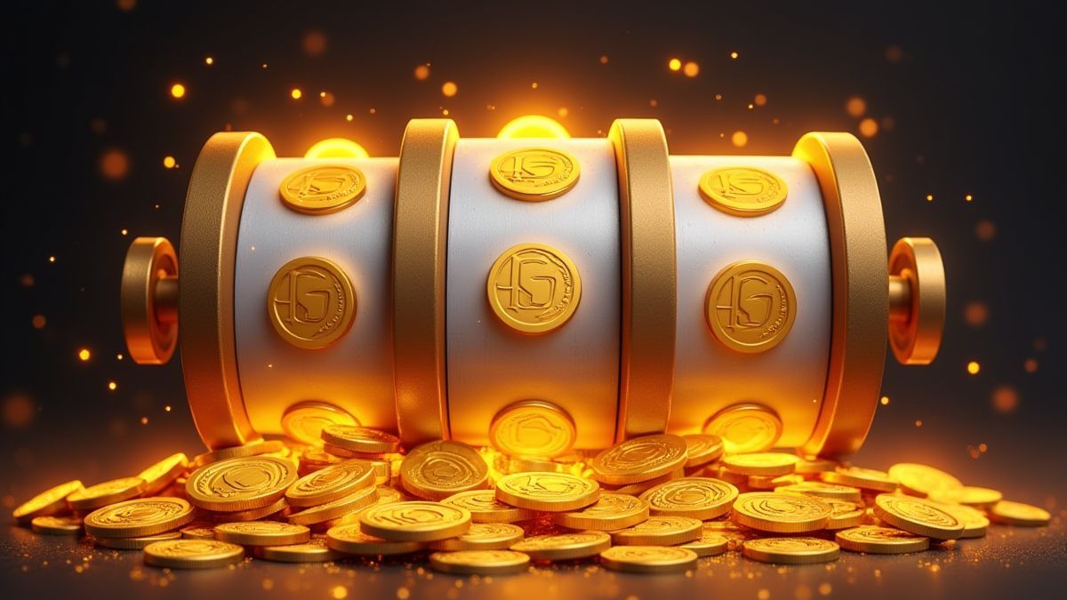 Carretes giratórios com moedas de prata e ouro criando um padrão Wild.