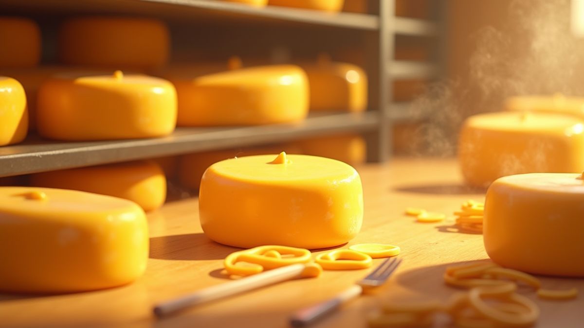 Una fábrica de queso animada con ruedas de queso y utensilios de cocina.