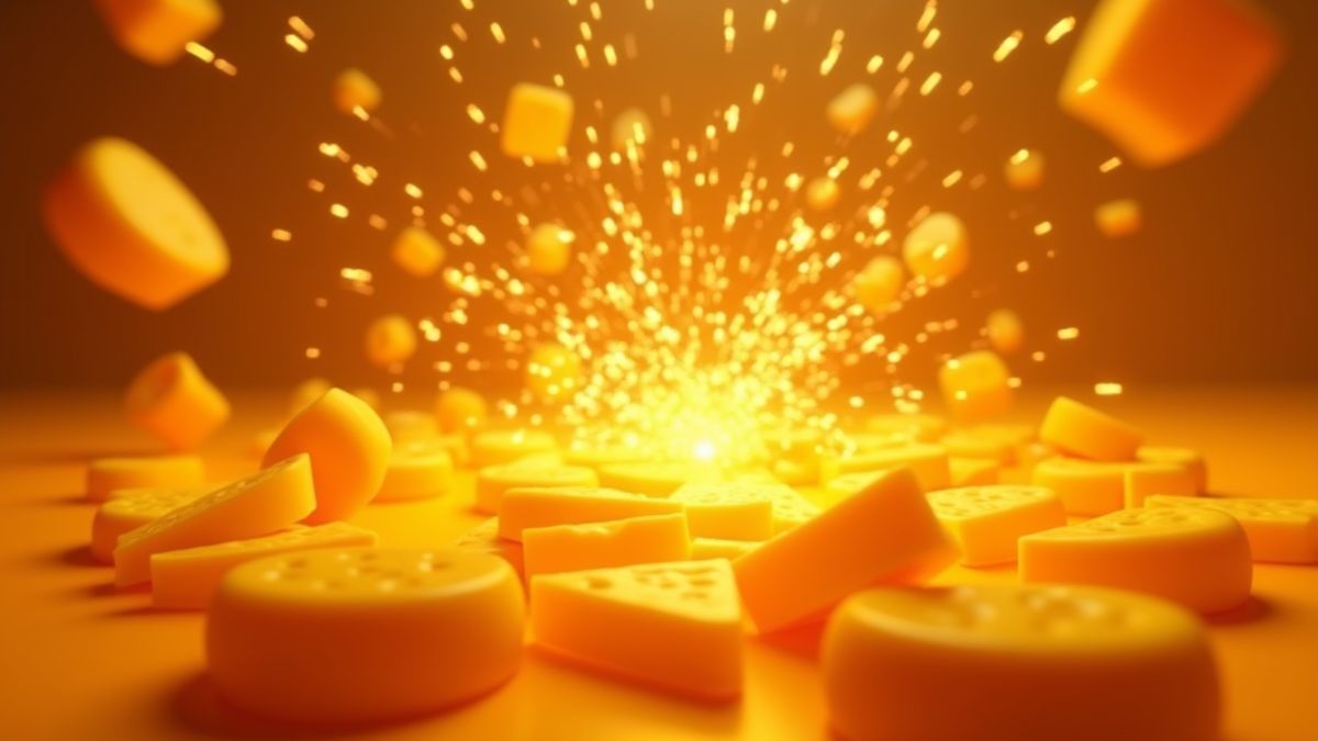 Ruedas de queso explotando con chispas doradas.