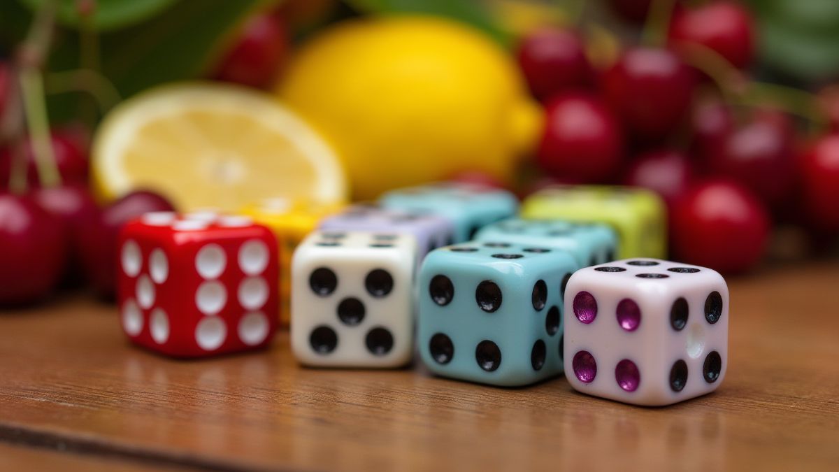 Kleurige dobbelstenen op een tafel met fruit eromheen.