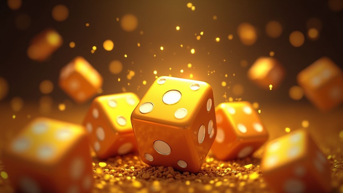 Gouden dobbelstenen die glinsteren met effecten en kleurrijke vermenigvuldigers.