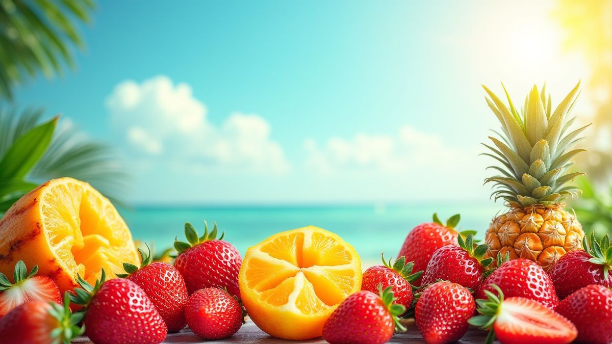 Frutas tropicais em um ambiente ensolarado.