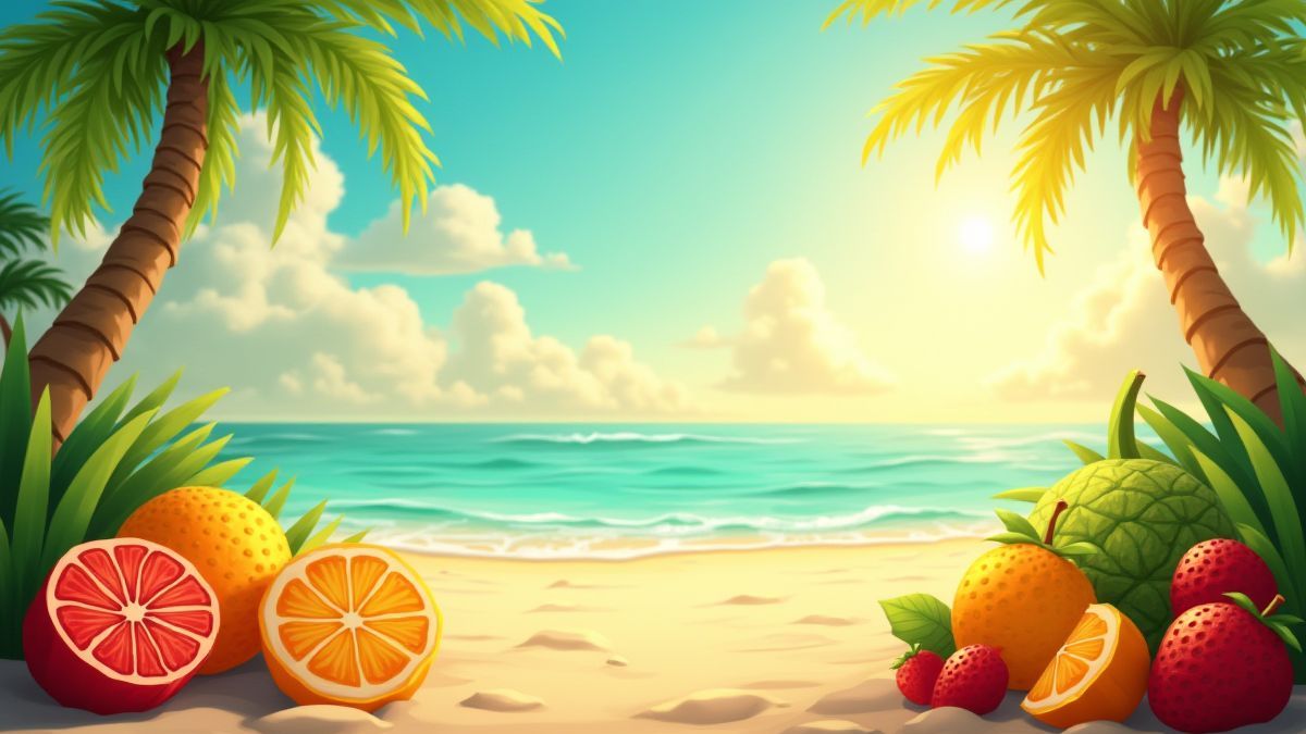 Ambiente tropical com frutas animadas e uma máquina caça-níqueis.