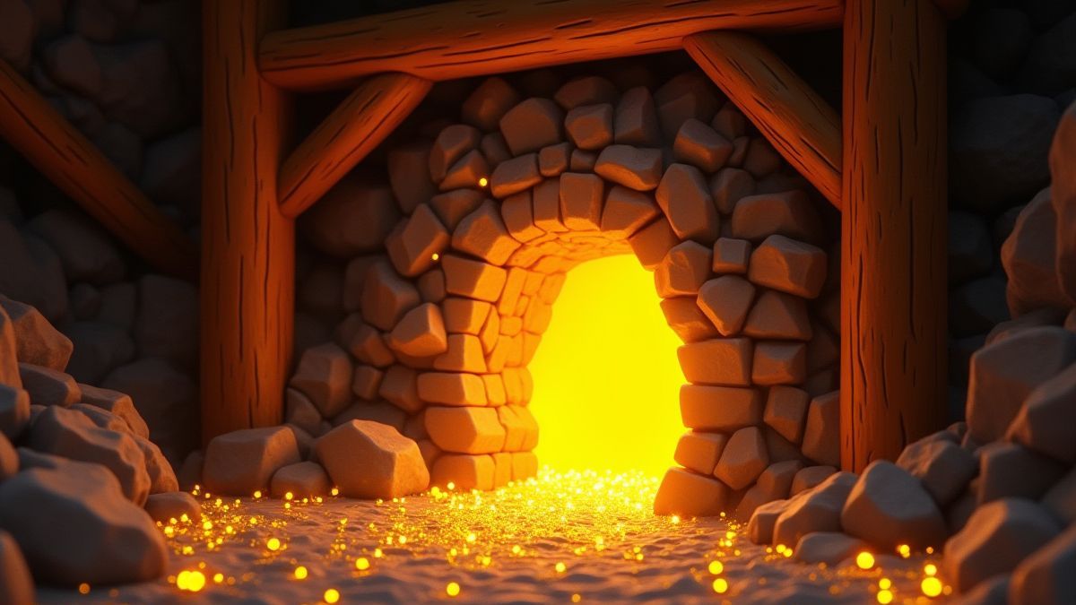 Entrada de una mina con vigas de madera y gemas brillantes.