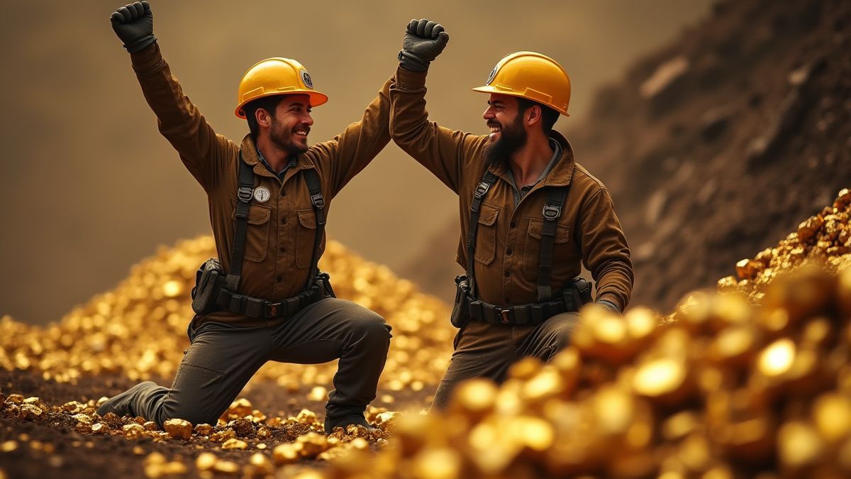 Dos mineros celebrando junto a montones de pepitas de oro y diamantes.