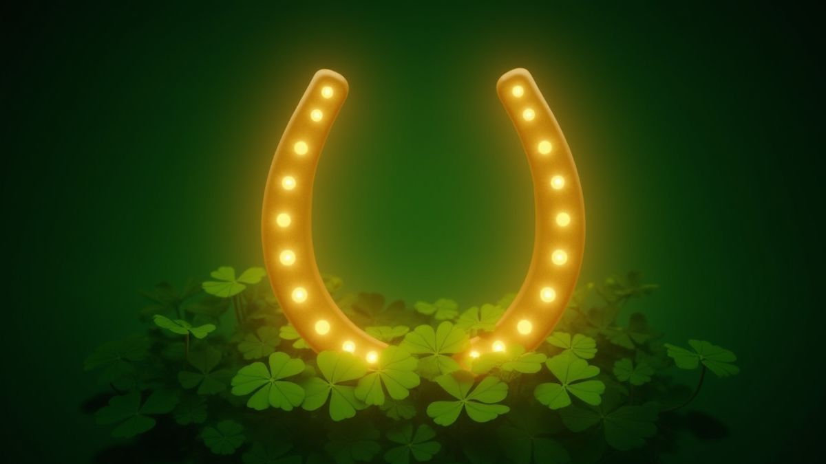 A glowing horseshoe surrounded by clovers.