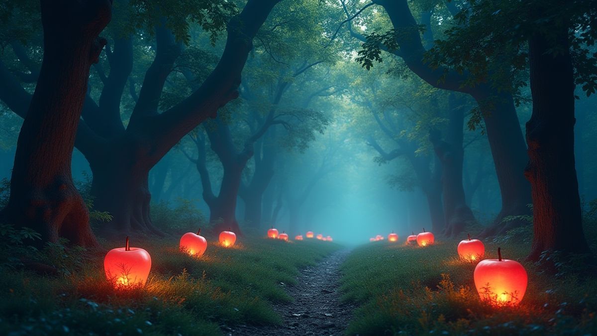 An enchanted forest with glowing apples and a serene atmosphere.