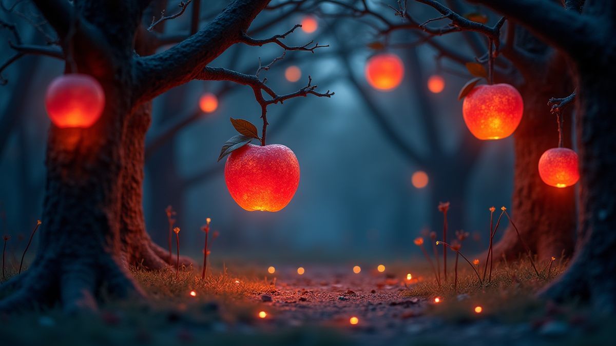 Magical glowing apples hanging from trees in a fairytale setting.