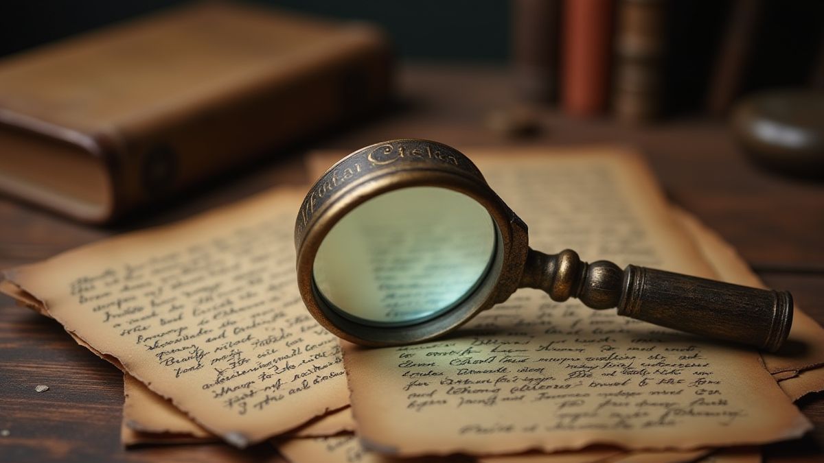 Lupa victoriana sobre un escritorio con notas misteriosas.