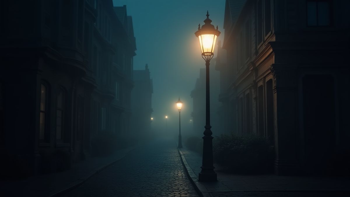 Farola victoriana iluminando calles adoquinadas.