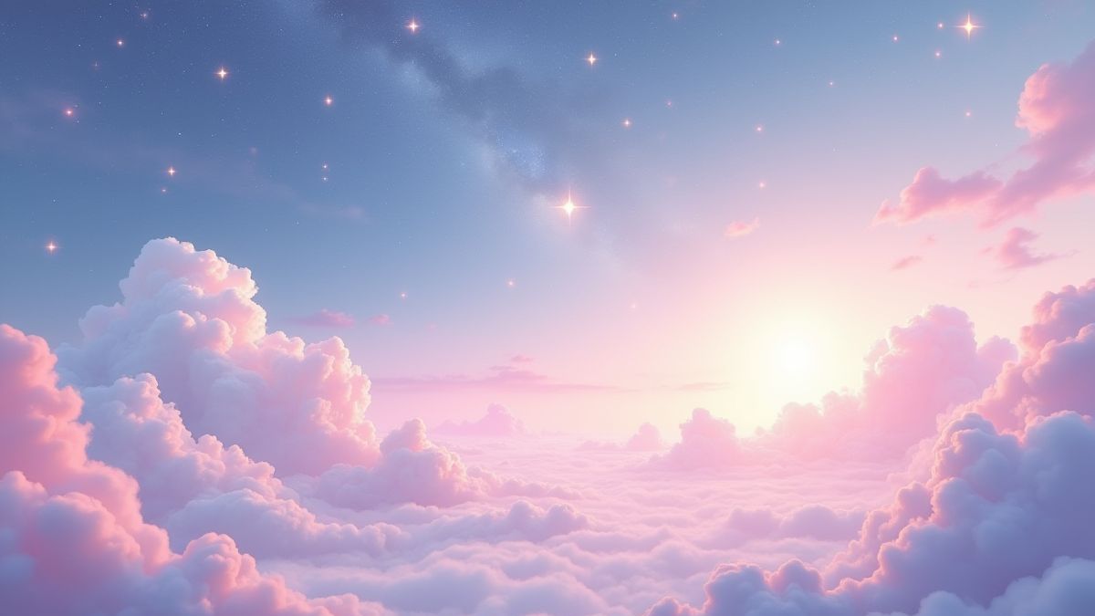 A celestial landscape with pastel clouds and bright stars.