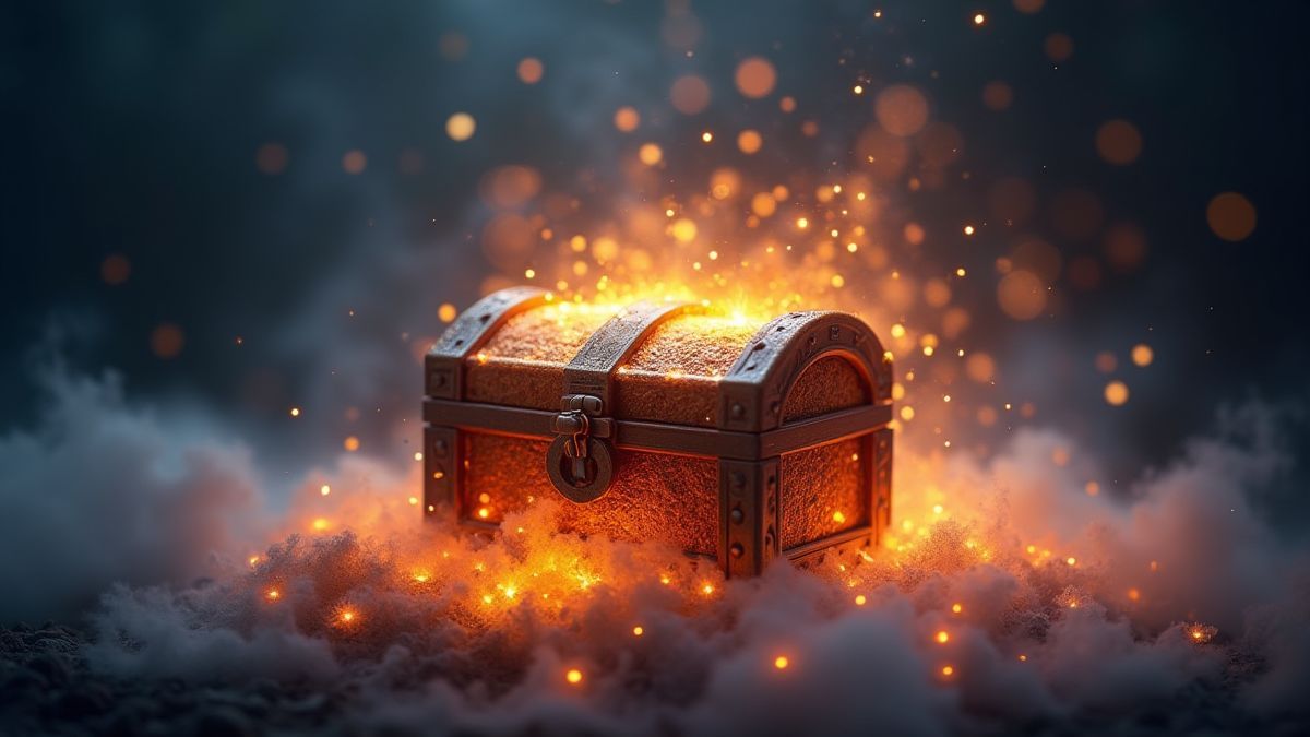 A shiny treasure chest surrounded by magical mist.