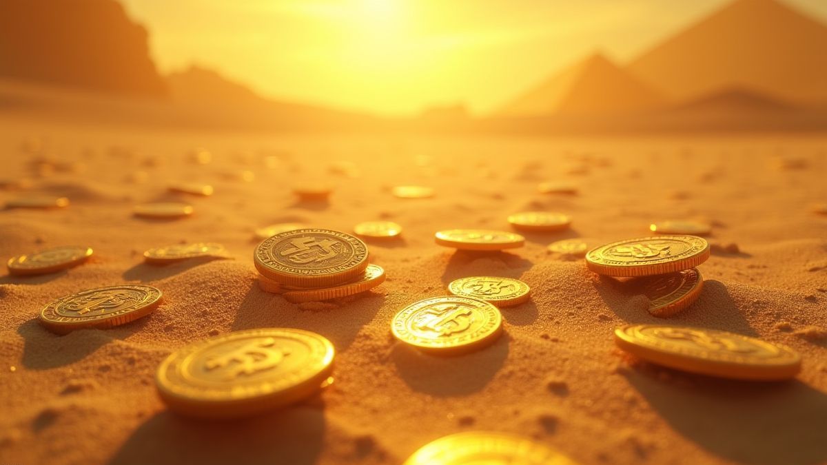 Moedas de ouro dispersas na areia sob o sol egípcio.