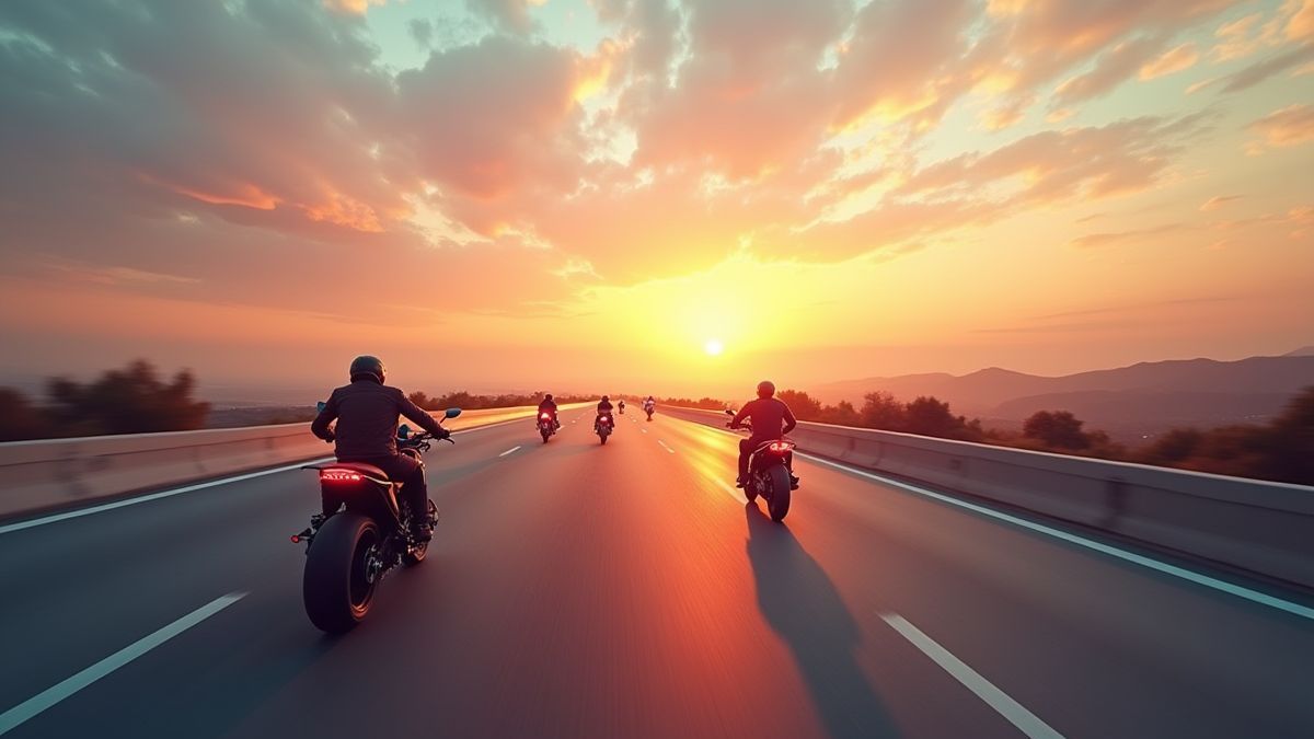 Futuristische Autobahn mit Motorrädern, die unter einem Sonnenuntergangshimmel rasen.