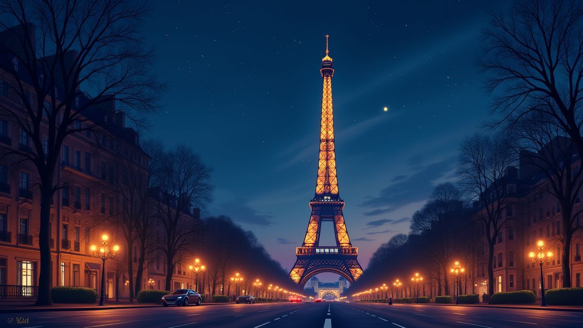 Scène romantique nocturne parisienne avec la Tour Eiffel illuminée.