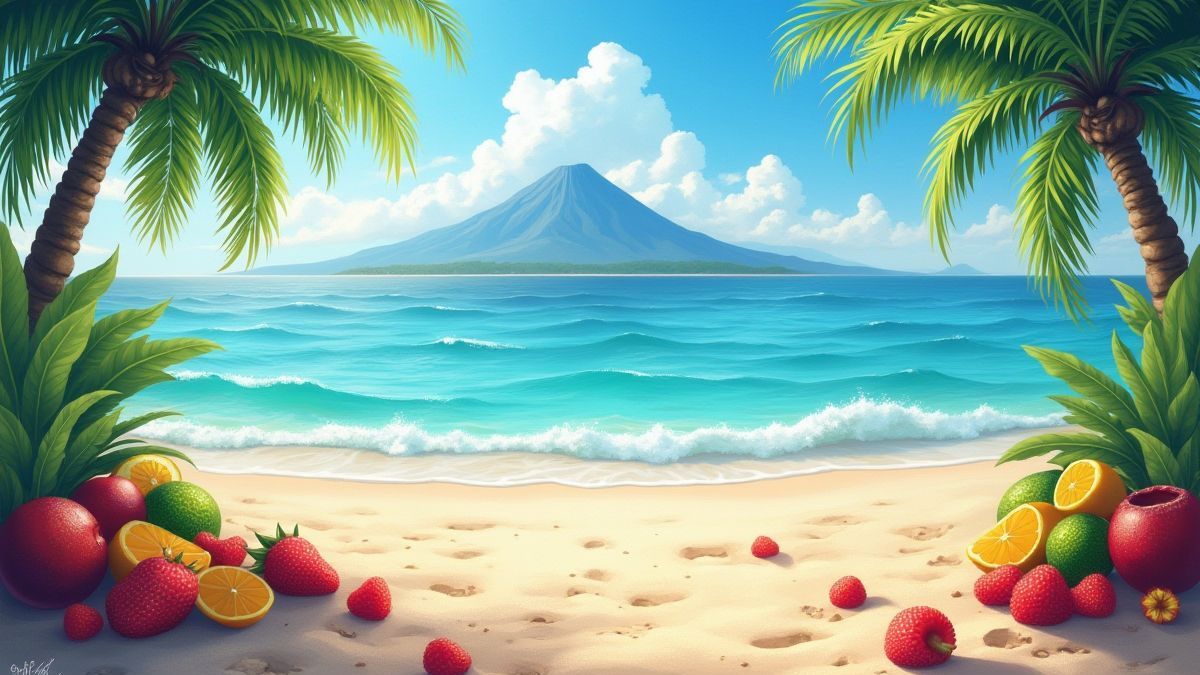 A tropical beach with colorful fruits and a volcano in the background.