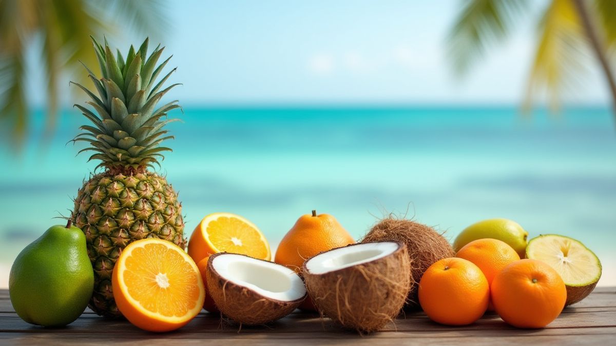 Tropical fruits on a wooden table by the sea.