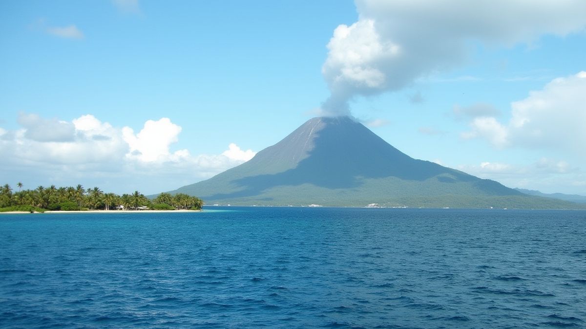 A tropical island with a smoking volcano in the distance.