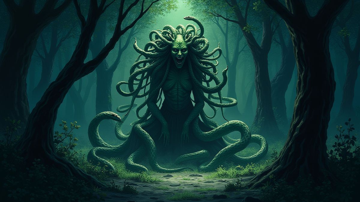 Medusa surrounded by snakes in a dark and mystical forest.