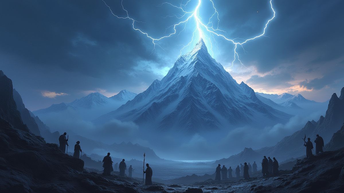 Mount Olympus with lightning and gods in the background.