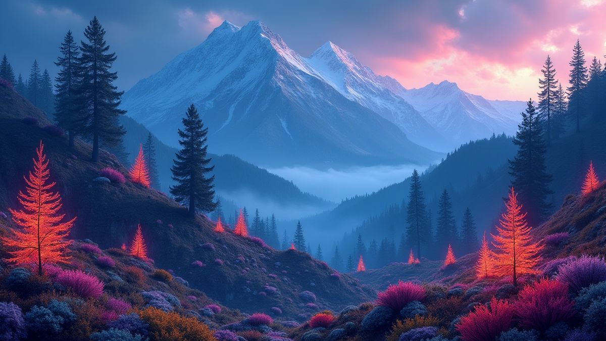 Paysage montagneux mystique avec arbres et plantes brillantes.